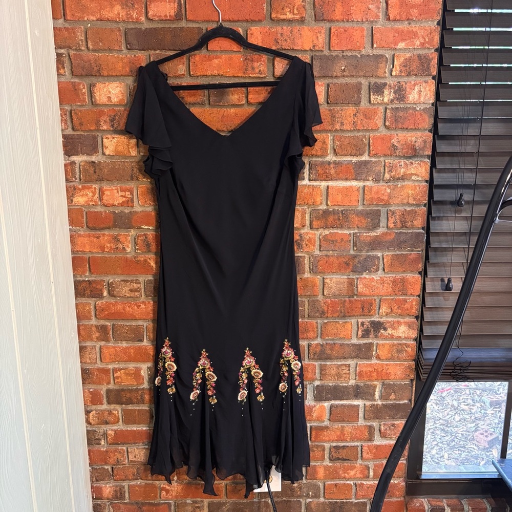 S.L. Fashions Black Midi Dress with Floral Embroidery vintage